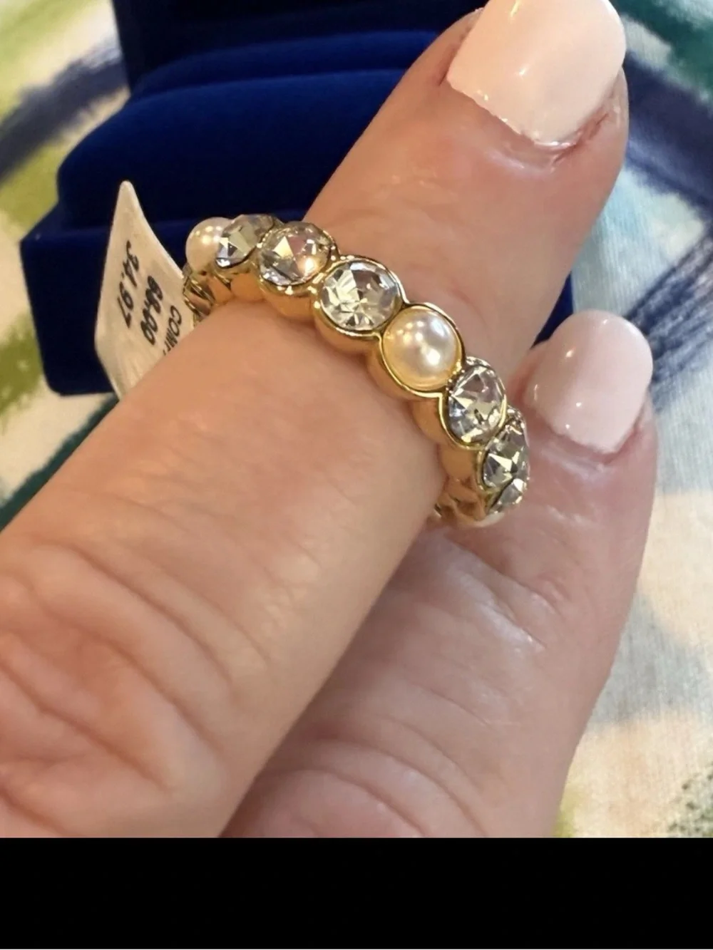 NEW KURT GEIGER LONDON Faux Pearl Crystal Goldtone Band Ring, Size 7 or 8